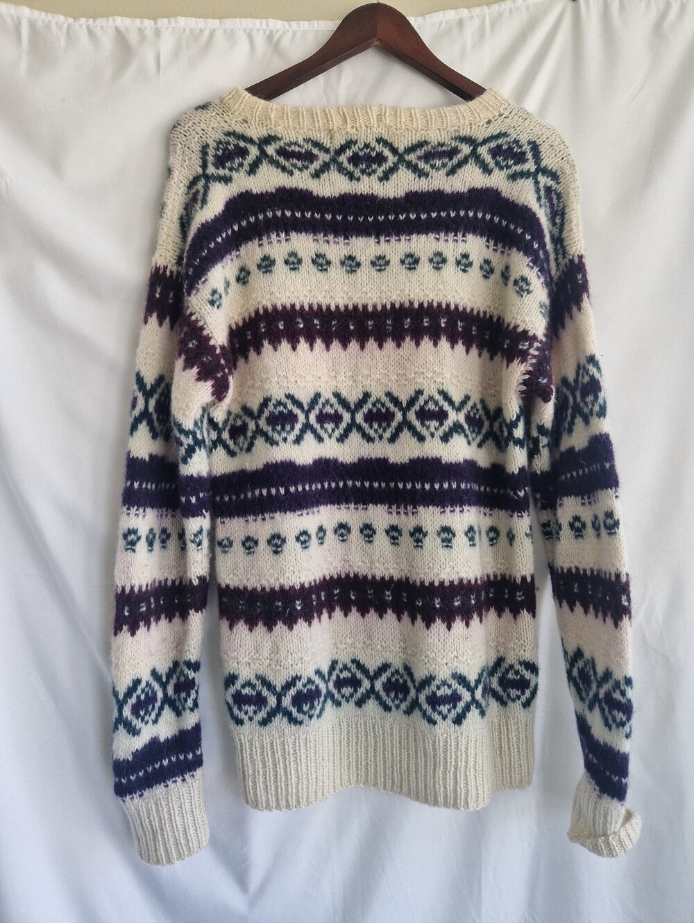 Cream Fair Isle Crewneck Sweater with Purple & Teal Pattern - Picture 3 of 5